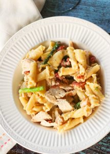 Chicken Campanelle with Bacon & Asparagus | Home & Plate | www.homeandplate.com |&nbsp; The perfect dinner for two.